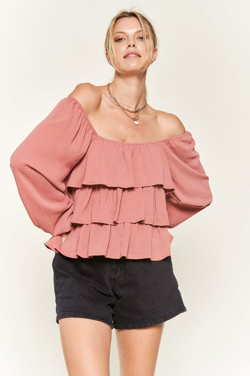 Romantic Off-Shoulder Tiered Flounce Blouse in Crinkled Chiffon