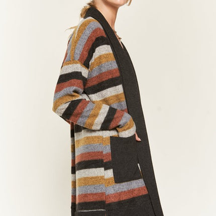 Cozy Striped Open Front Sweater Cardigan with Pockets