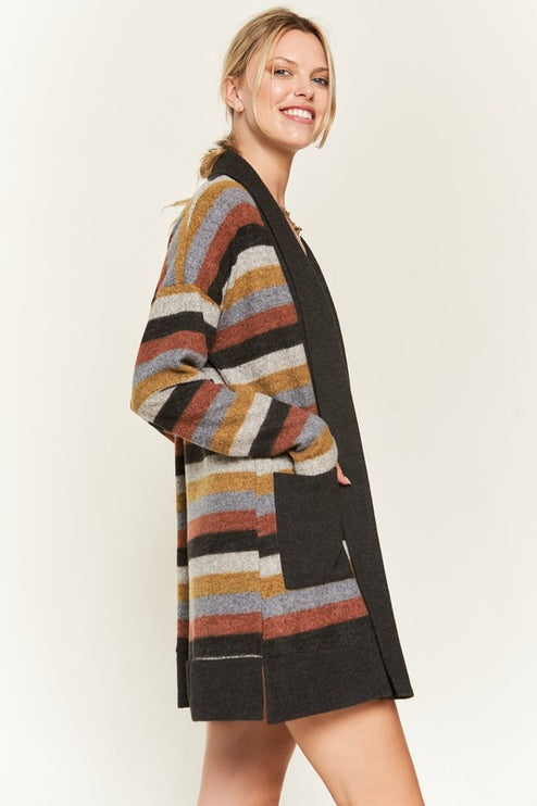 Cozy Striped Open Front Sweater Cardigan with Pockets