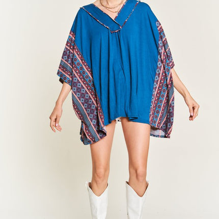 Boho Chic Blue V-Neck Tunic with Stitch Detail