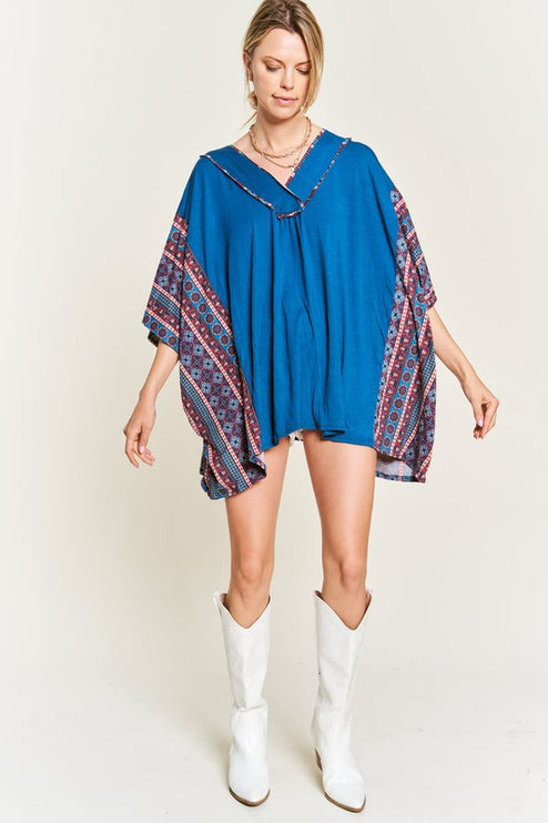 Boho Chic Blue V-Neck Tunic with Stitch Detail