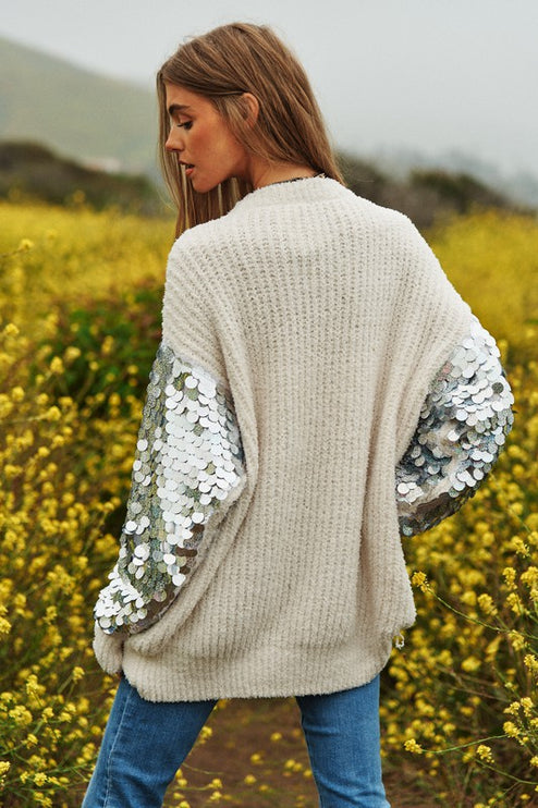 Beautiful Sequin Sleeve Design Tunic Top Knit Sweater - Accessoriesforever