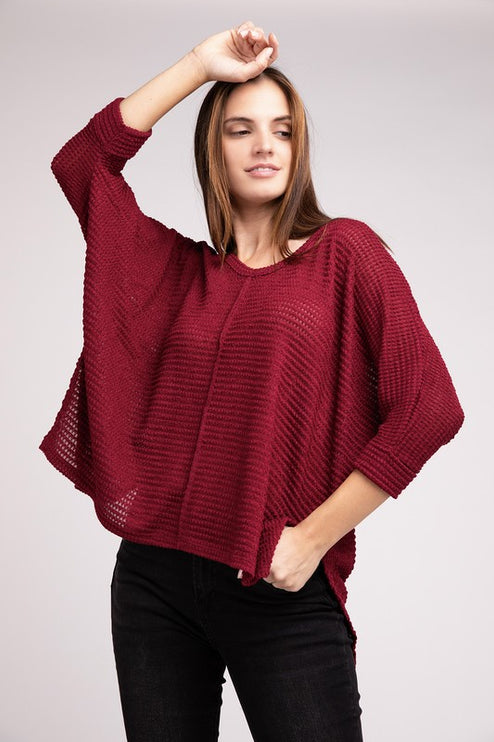 Chic Elegant Trendy 3/4 Sleeve V-Neck Hi-Low Hem Jacquard Sweater