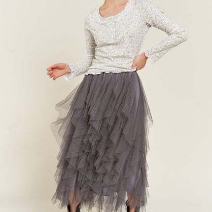 Elegant Layered Polka Dot Mesh A-Line Elastic Waist Midi Skirt
