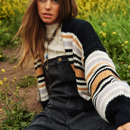 Cozy Stylish Stripe Design Open Knit Fashion Top Sweater Cardigan - Accessoriesforever