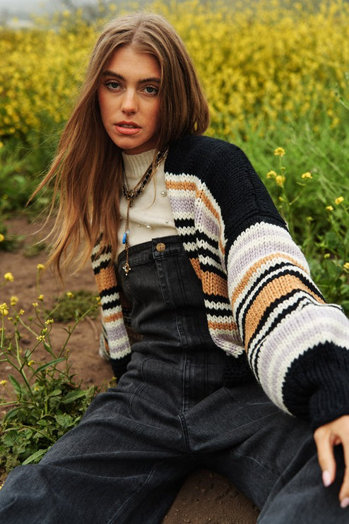 Cozy Stylish Stripe Design Open Knit Fashion Top Sweater Cardigan