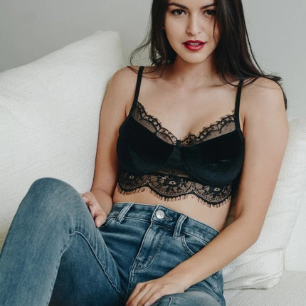 Velvet Lace Trim Half Cami with Scoop Neckline and Cropped Fit