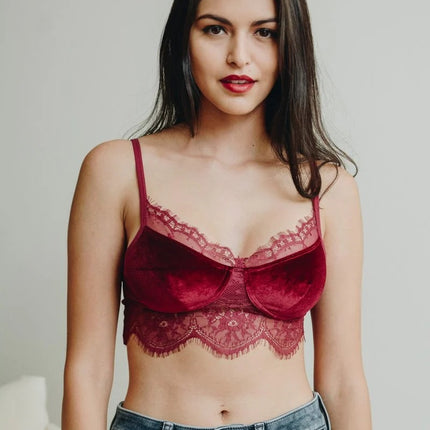 Velvet Lace Trim Half Cami with Scoop Neckline and Cropped Fit