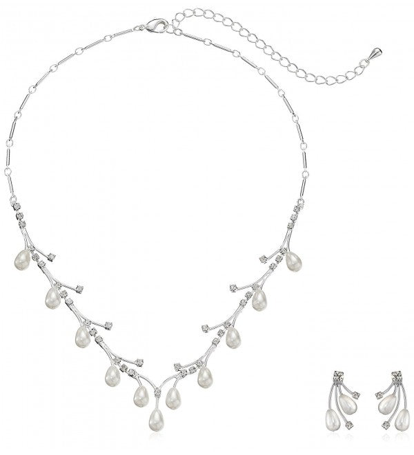 Bridal Wedding Jewelry Set Crystal Rhinestone Pear Dangle Pearls Link Necklace - Accessoriesforever
