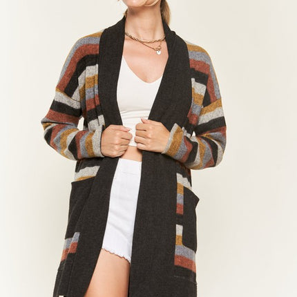 Cozy Striped Open Front Sweater Cardigan with Pockets