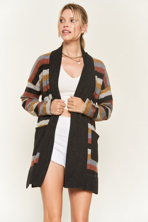 Cozy Striped Open Front Sweater Cardigan with Pockets