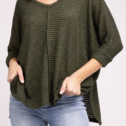 Chic Elegant Trendy 3/4 Sleeve V-Neck Hi-Low Hem Jacquard Sweater - Accessoriesforever