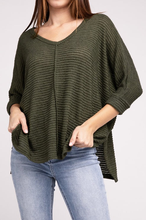 Chic Elegant Trendy 3/4 Sleeve V-Neck Hi-Low Hem Jacquard Sweater