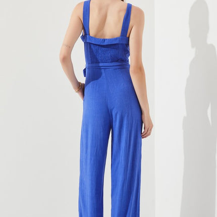 Linen Blend Belted Jumpsuit with Square Neck