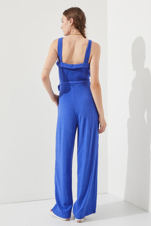 Linen Blend Belted Jumpsuit with Square Neck - Accessoriesforever