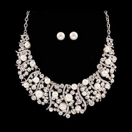 Bridal Wedding Jewelry Set Crystal Rhinestone Pearl Stunning Classy Bib Necklace