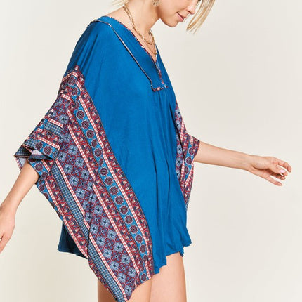 Boho Chic Blue V-Neck Tunic with Stitch Detail