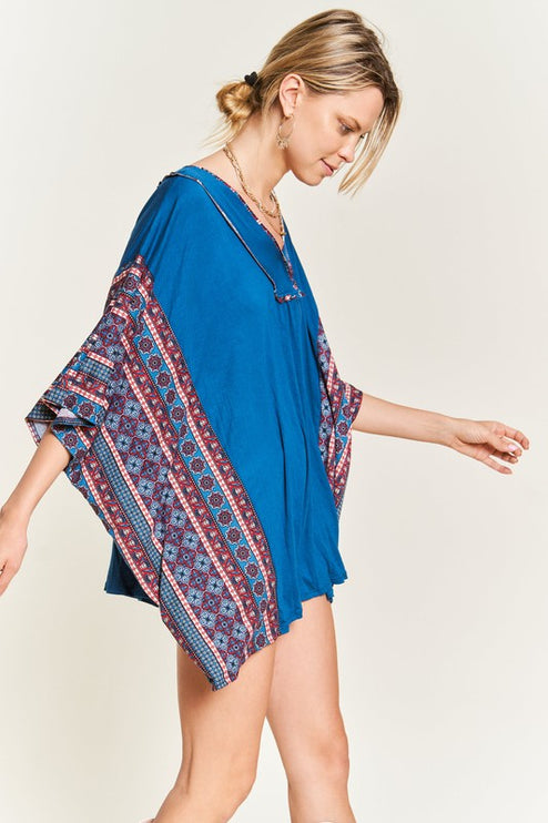 Boho Chic Blue V-Neck Tunic with Stitch Detail - Accessoriesforever