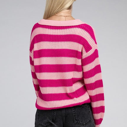 Stripe Pattern Knit Collared Pullover Fashion Top Sweater