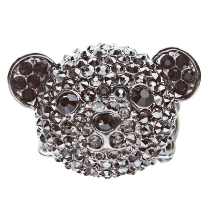 Bear Head Crystal Animal Stretch Adjustable Fashion Ring Hematite Black - Accessoriesforever