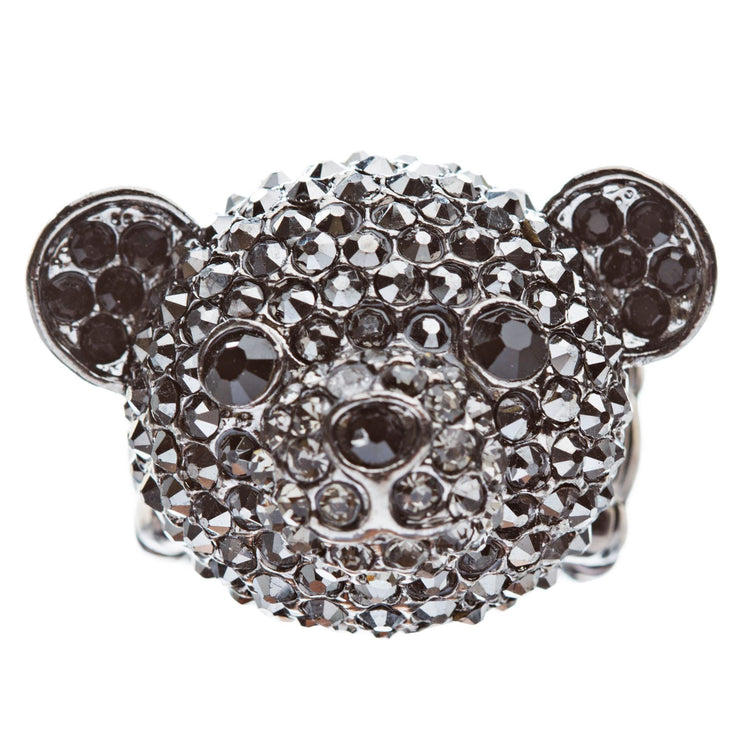 Bear Head Crystal Animal Stretch Adjustable Fashion Ring Hematite Black - Accessoriesforever