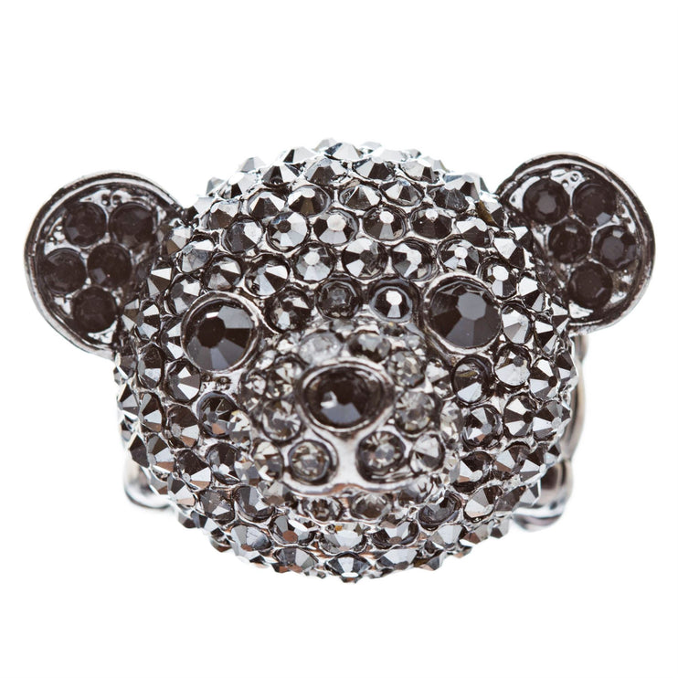Bear Head Crystal Animal Stretch Adjustable Fashion Ring Hematite Black