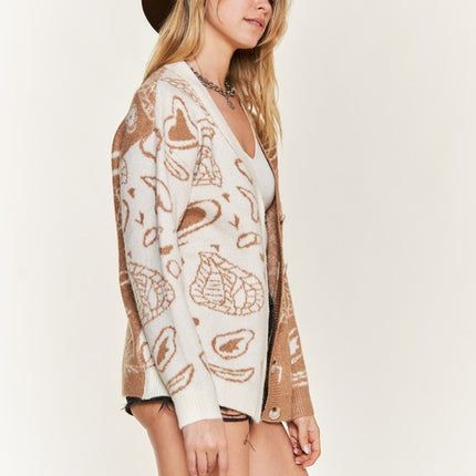 Oversized Heart Paisley Button-Down Sweater Cardigan with Color Block