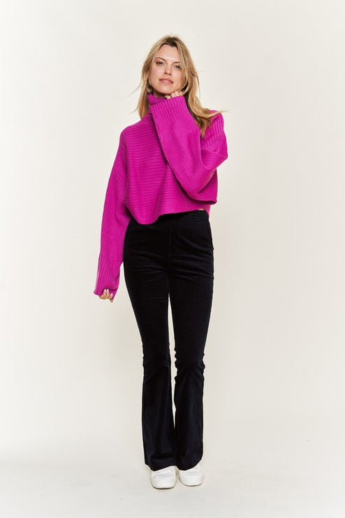 Ribbed Mock Neck Sweater with Wide Sleeves