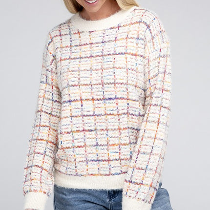 Cute Plaid Pattern Textured Fancy Fashion Knit Top Sweater - Accessoriesforever