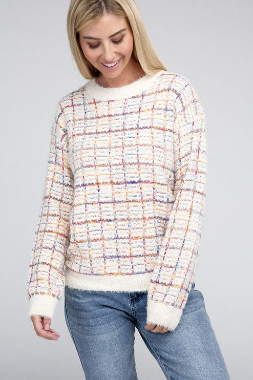 Cute Plaid Pattern Textured Fancy Fashion Knit Top Sweater - Accessoriesforever