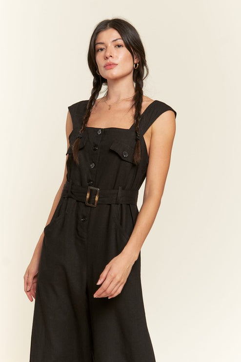 Linen Blend Jumpsuit with Belt and Multiple Pockets - Accessoriesforever