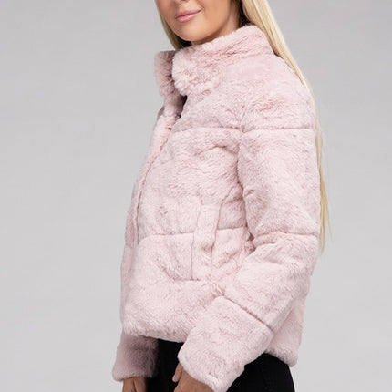 Fluffy Zip-Up Sweater Jacket with Collar and Pockets