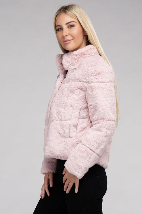 Fluffy Zip-Up Sweater Jacket with Collar and Pockets