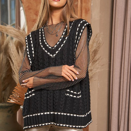 Fashion V-Neck Sleeveless Pocket Detail Design Knit Sweater Vest - Accessoriesforever