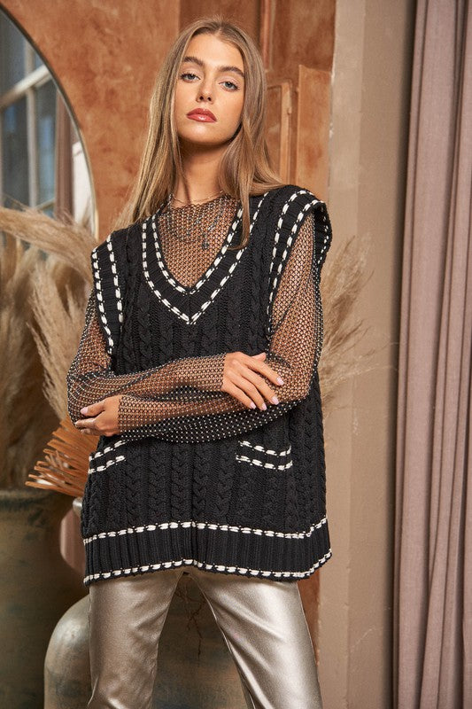 Fashion V-Neck Sleeveless Pocket Detail Design Knit Sweater Vest