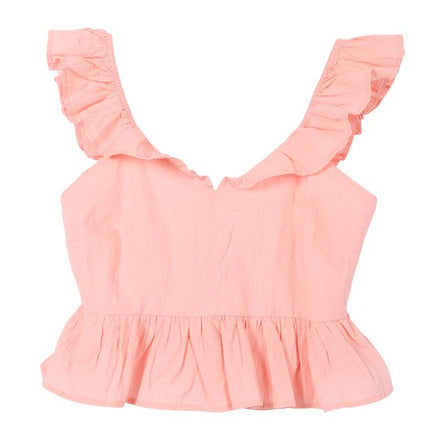 Cute Stylish Open Back Tie Ruffled Trim Flare Fashion Top Pink - Accessoriesforever