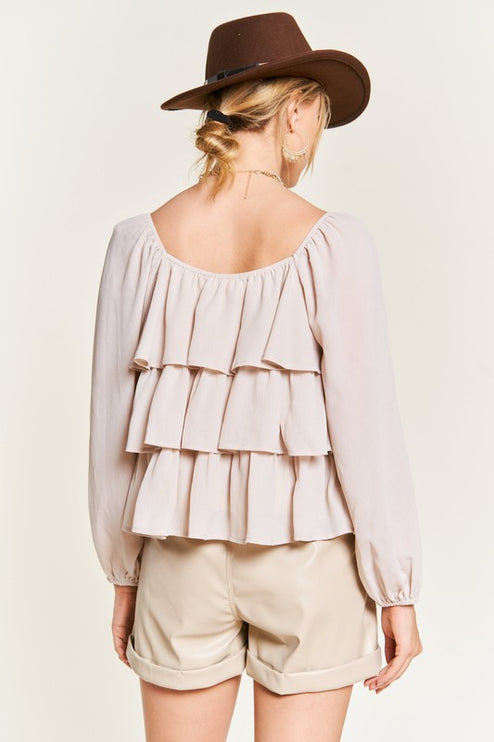 Romantic Off-Shoulder Tiered Flounce Blouse in Crinkled Chiffon