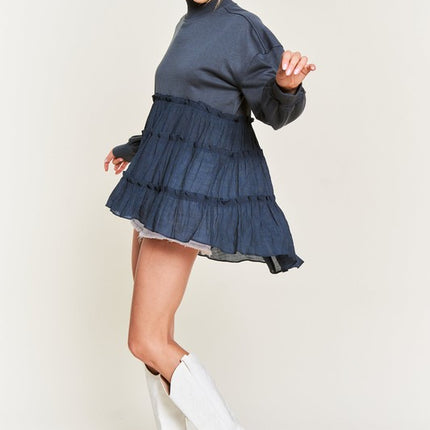 Oversized Mock Neck Tunic with Shirred Woven Tier