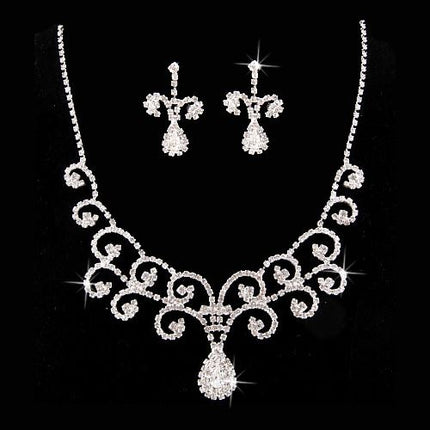 Bridal Wedding Jewelry Set Crystal Rhinestone Vintage Swirl Necklace Silver - Accessoriesforever