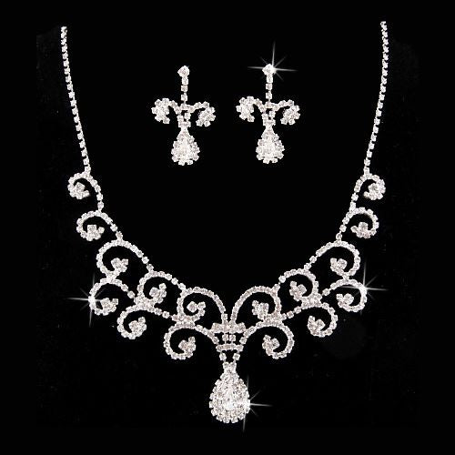 Bridal Wedding Jewelry Set Crystal Rhinestone Vintage Swirl Necklace Silver
