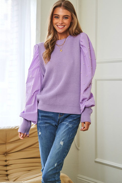 Beautiful Elegant Pearl Decorated Ballon Sleeve Top Sweater