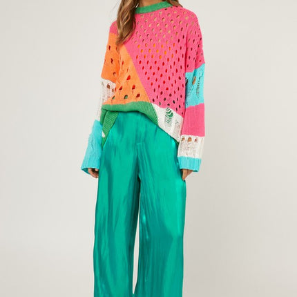 Colorful Open Knit Design Detailed Pullover Fashion Top Sweater