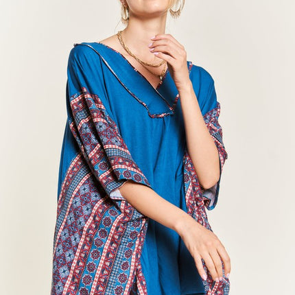 Boho Chic Blue V-Neck Tunic with Stitch Detail