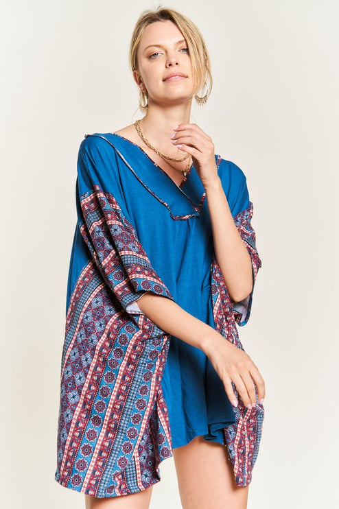 Boho Chic Blue V-Neck Tunic with Stitch Detail - Accessoriesforever
