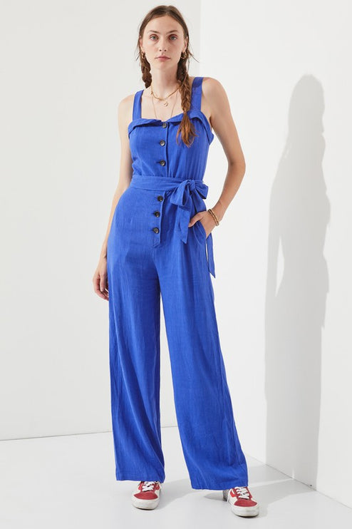 Linen Blend Belted Jumpsuit with Square Neck - Accessoriesforever