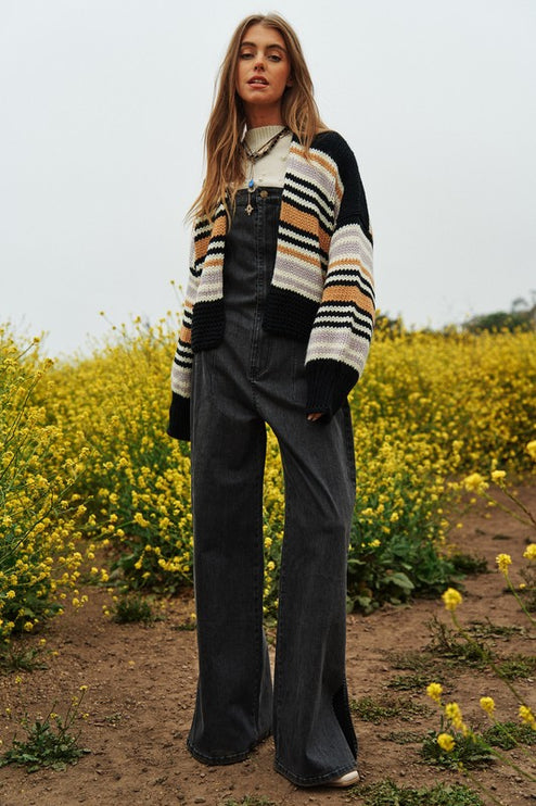 Cozy Stylish Stripe Design Open Knit Fashion Top Sweater Cardigan
