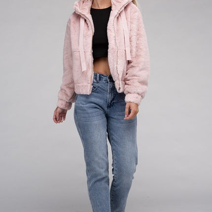 Plush Cropped Teddy Hoodie with Zip-Up Front and Drawstring Hood