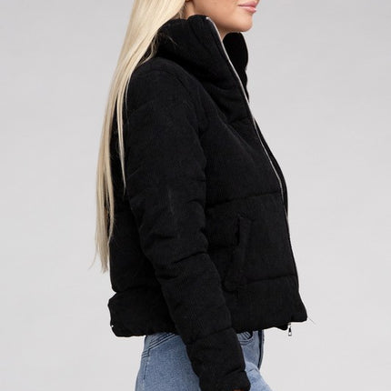 Soft Corduroy Zip-Up Jacket with High Collar and Pockets