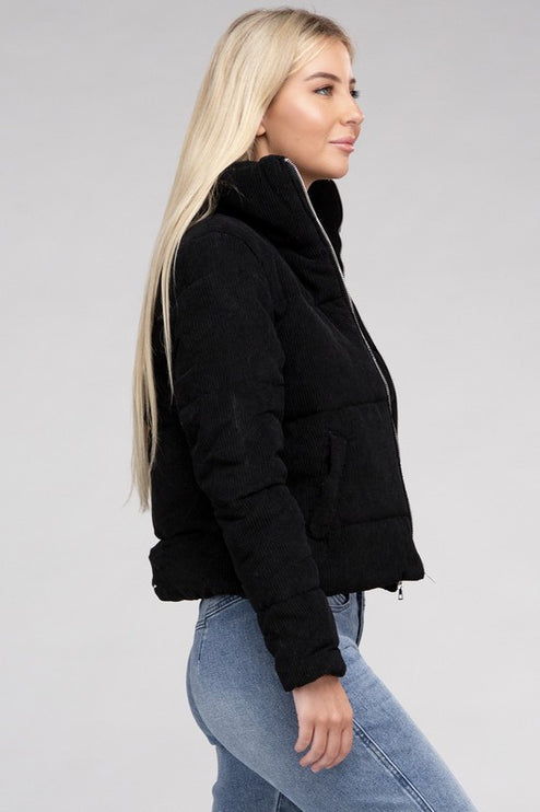Soft Corduroy Zip-Up Jacket with High Collar and Pockets