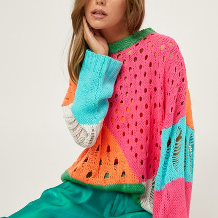 Colorful Open Knit Design Detailed Pullover Fashion Top Sweater